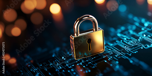 Golden padlock on a blue digital circuit board symbolizes cyber security, data protection, and online safety with bokeh background. photo