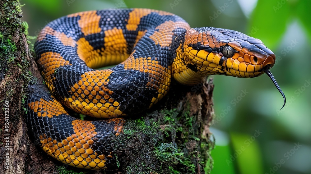 A close-up of a yellow and black snake wrapped around a tree trunk. Its scales are visible, and its tongue is forked and sticking out. A close-up of a yellow and black snake wrapped around a tree trunk. Its scales are visible, and its tongue is forked and sticking out.