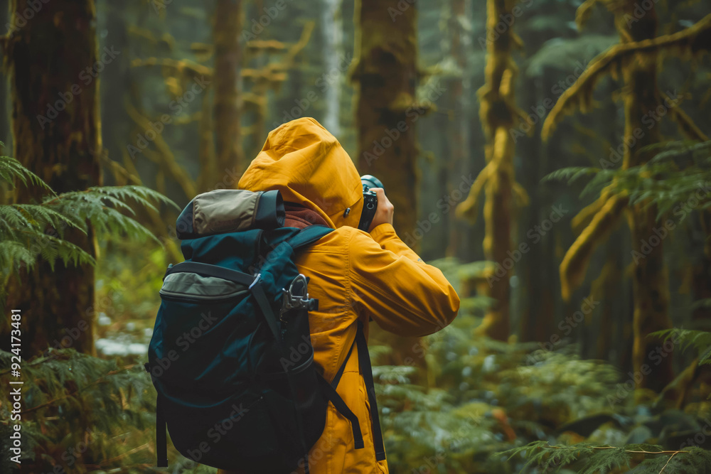 Fototapeta premium A photographer with a camera slung across their shoulder hikes through a forest, their eyes scanning the landscape for the perfect shot to capture the beauty of nature.