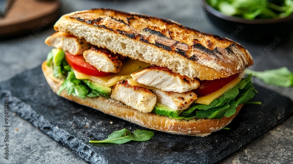 artisan ciabatta sandwich topped with avocado, cheese, and chicken artisan ciabatta sandwich topped with avocado, cheese, and chicken