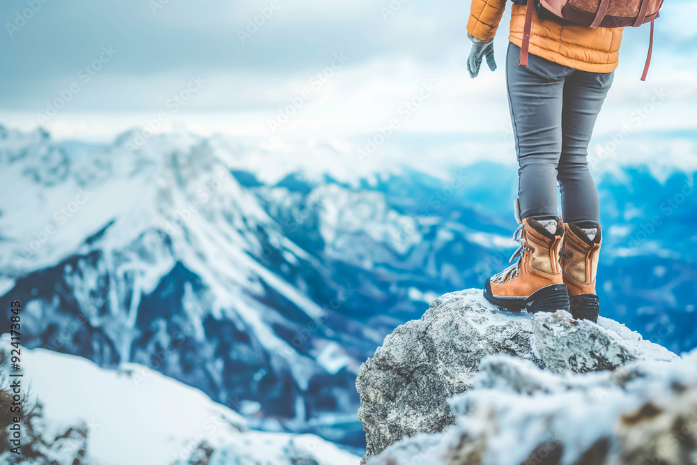A woman with a backpack straps on her hiking boots at the edge of a snowy mountain peak, the vastness of the landscape filling her with a sense of awe. A woman with a backpack straps on her hiking boots at the edge of a snowy mountain peak, the vastness of the landscape filling her with a sense of awe.