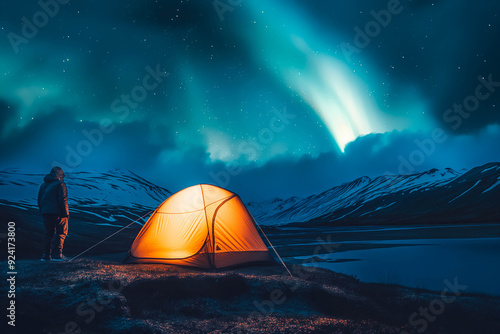 A tent pitched under a starry night sky with the northern lights dancing above.