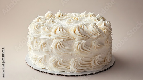  White frosted cake on cake plate on white tablecloth photo