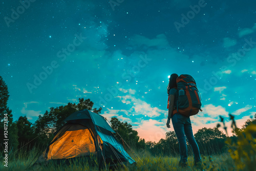 A woman with a backpack adjusts her hiking boots at the edge of a lush green forest, ready to embark on a journey of exploration and discovery. 