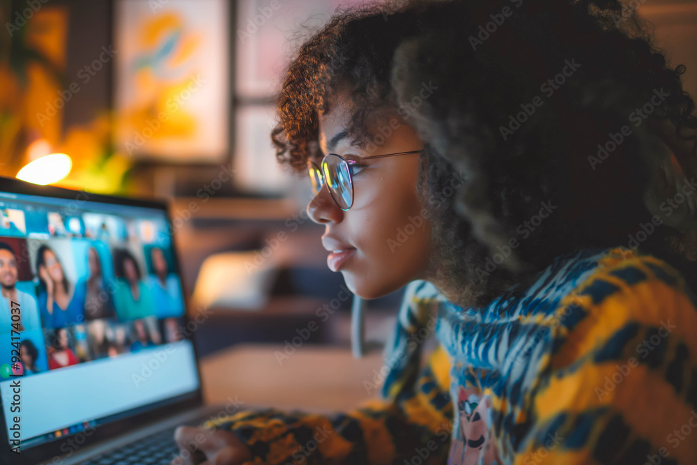 A young adult sits at a desk with a laptop displaying a video call with diverse people from around the world, their faces filled with laughter as they share stories and experiences. A young adult sits at a desk with a laptop displaying a video call with diverse people from around the world, their faces filled with laughter as they share stories and experiences.
