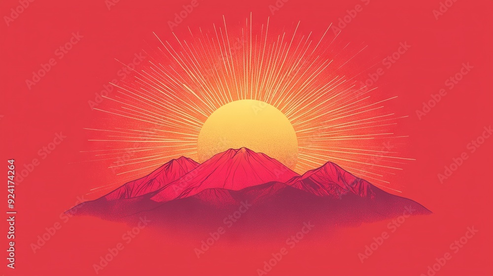 Fototapeta premium Sun on Red Mountain with Yellow Sky