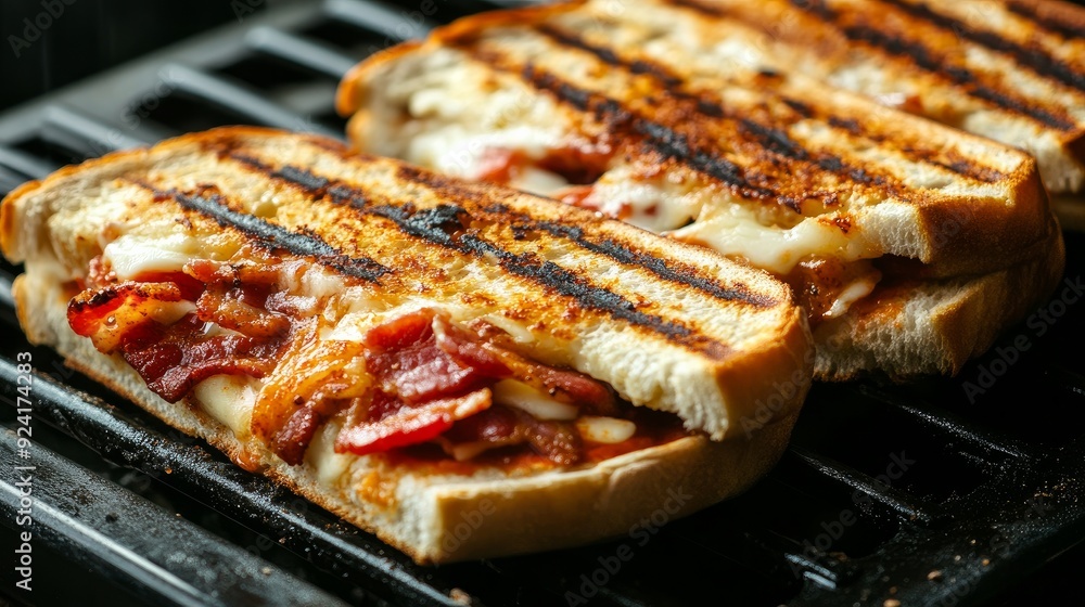 Grilled cheese sandwich with melted cheese, bacon, and red sauce. Good food, ciabatta for breakfast. Grilled cheese sandwich with melted cheese, bacon, and red sauce. Good food, ciabatta for breakfast.