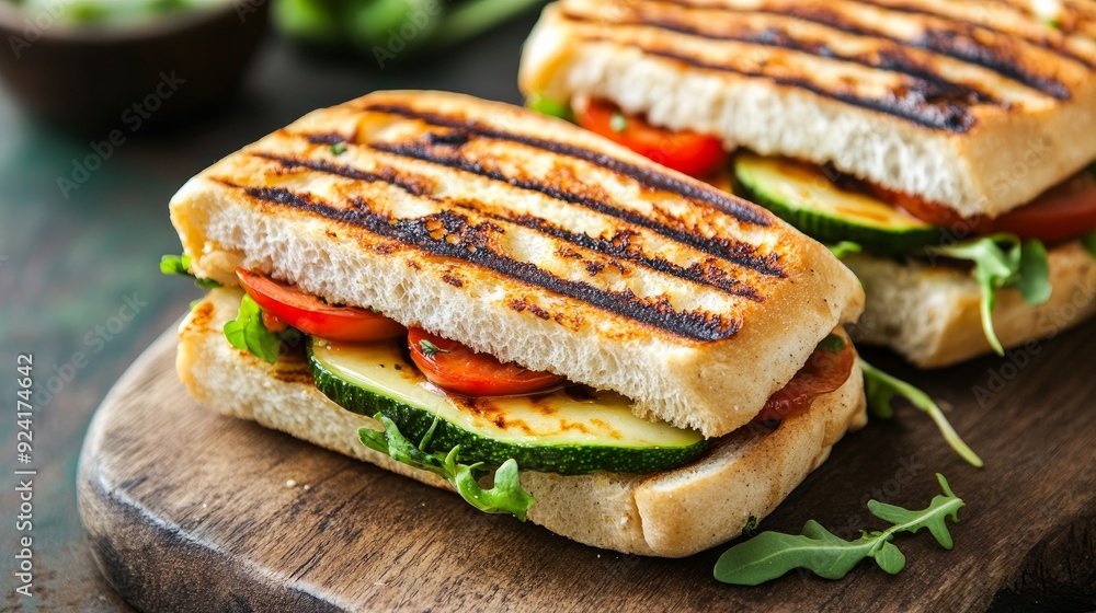 A panini with freshly sliced avocado and grilled halloumi cheese on ciabatta with grill marks. Delectable. sandwich made of vegetables. wholesome cuisine A panini with freshly sliced avocado and grilled halloumi cheese on ciabatta with grill marks. Delectable. sandwich made of vegetables. wholesome cuisine