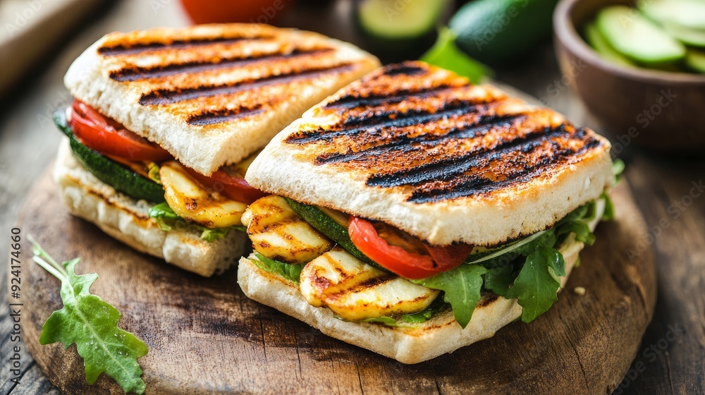 A panini with freshly sliced avocado and grilled halloumi cheese on ciabatta with grill marks. Delectable. sandwich made of vegetables. wholesome cuisine A panini with freshly sliced avocado and grilled halloumi cheese on ciabatta with grill marks. Delectable. sandwich made of vegetables. wholesome cuisine