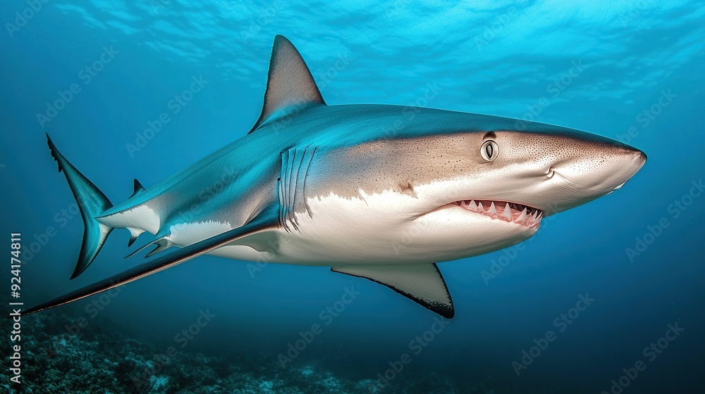 Naklejka premium A grey shark jaws ready to attack underwater close up portrait 