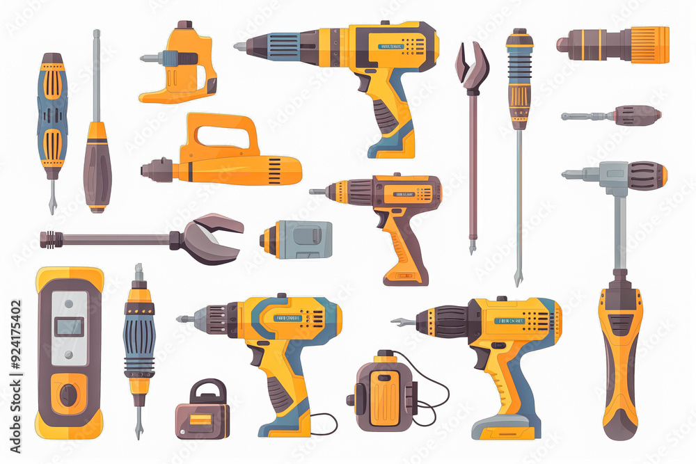 Fototapeta premium Equipment for drilling and work repair. Construct industrial hand with instrument. Electric worker with power screwdriver. Device and metal object for male. House and home, transparent background