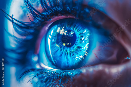 Eye iris human vision blue pupil closeup. Macro futuristic eyeball eyesight sight digital future technology beauty. Concept woman reflection watching eyelash people female identity