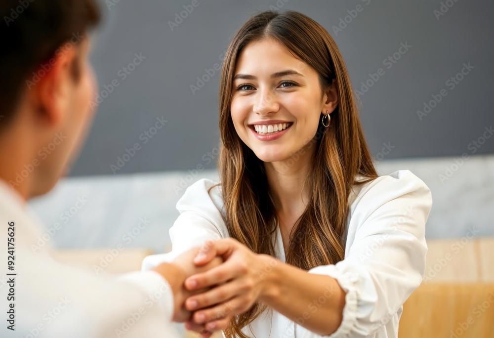 Smiling woman in white shaking hands, feet on table, professional setting. Smiling woman in white shaking hands, feet on table, professional setting.