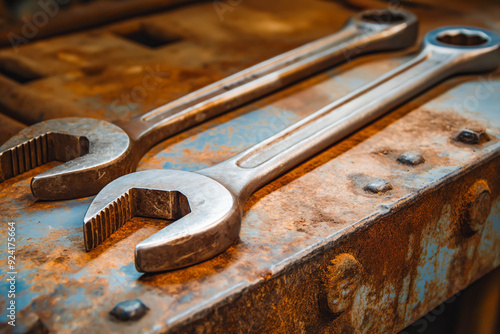 Industrial spanner and wrench tools for repair work. Metallic and shiny, perfect for construction and mechanical tasks. Emphasizing vintage and retro designs in a workshop