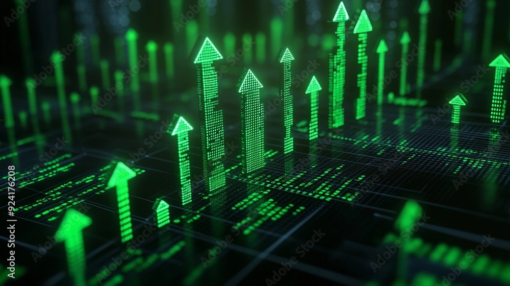 Upward Trajectory: Green Arrow on Digital Grid Upward Trajectory: Green Arrow on Digital Grid