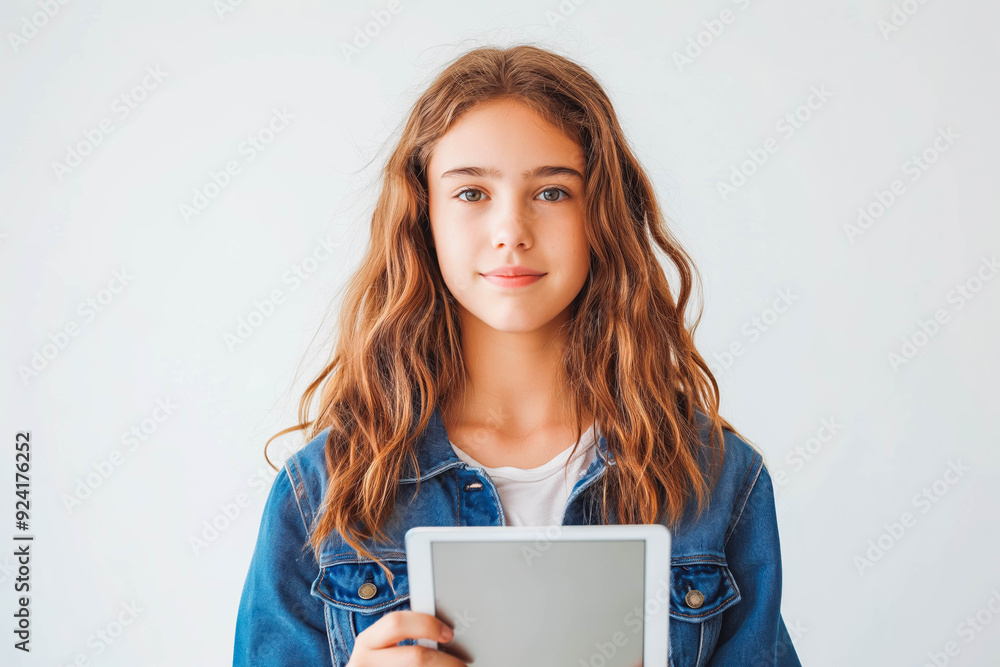 Teenage woman, young girl holding tablet on white background Teenage woman, young girl holding tablet on white background