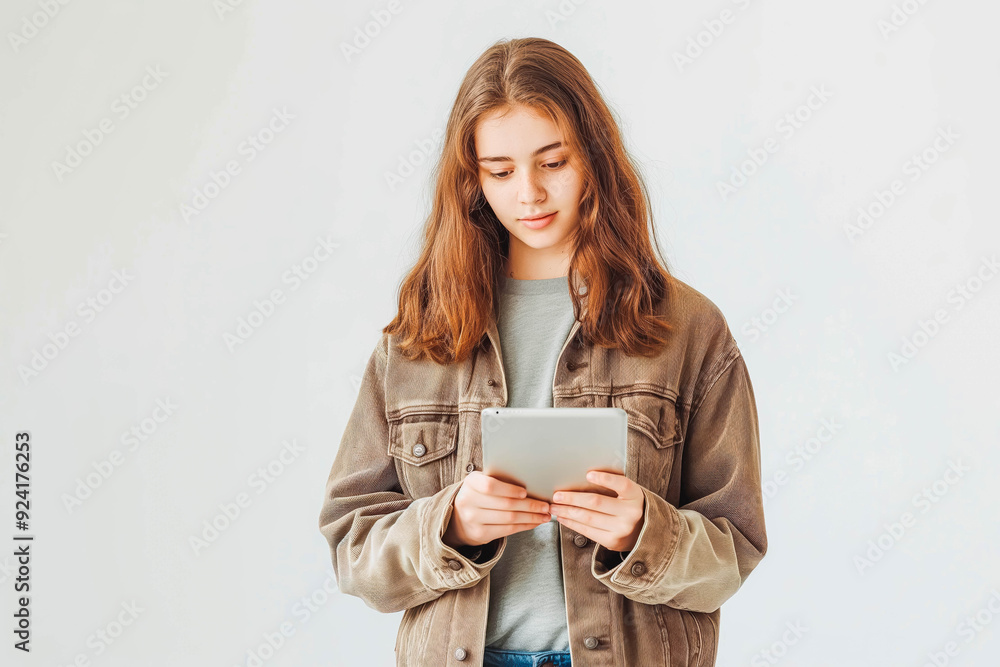 Teenage woman, young girl holding tablet on white background Teenage woman, young girl holding tablet on white background