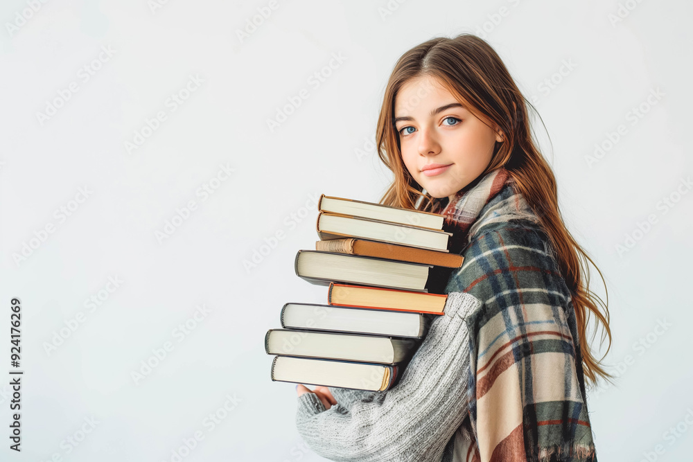 Teenager holding books on white studio background. Teenager holding books on white studio background.