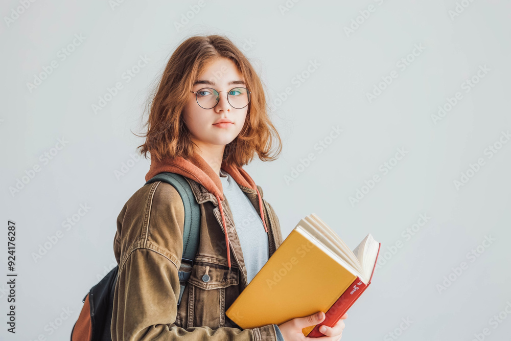Obraz premium Teenager holding books on white studio background.