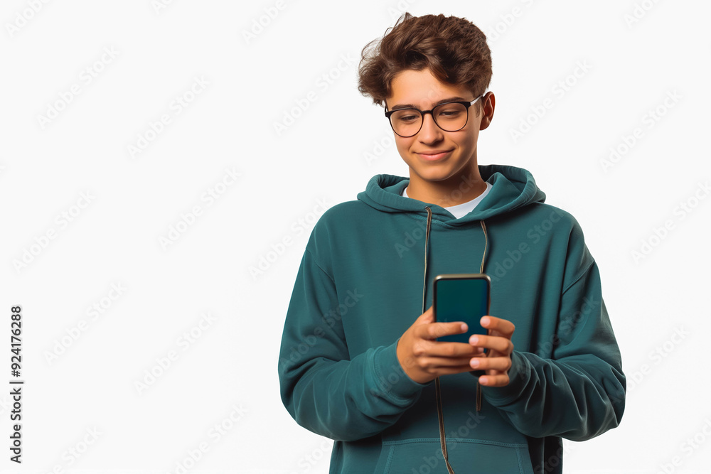 Teenager holding smartphone on white studio background Teenager holding smartphone on white studio background
