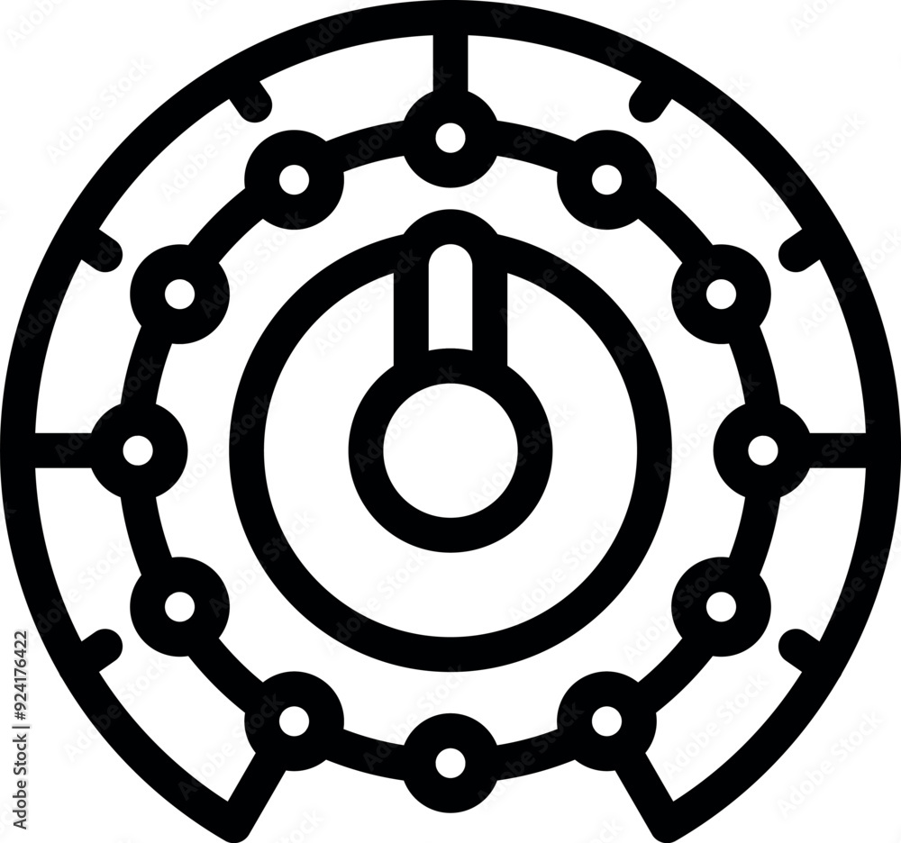 Simple icon of a circular electronic device with its power button surrounded by lights, possibly indicating it is currently turned on Simple icon of a circular electronic device with its power button surrounded by lights, possibly indicating it is currently turned on