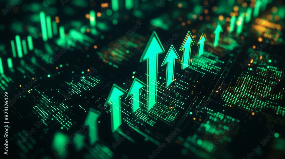 Upward Trajectory: Green Arrow on Digital Grid Upward Trajectory: Green Arrow on Digital Grid