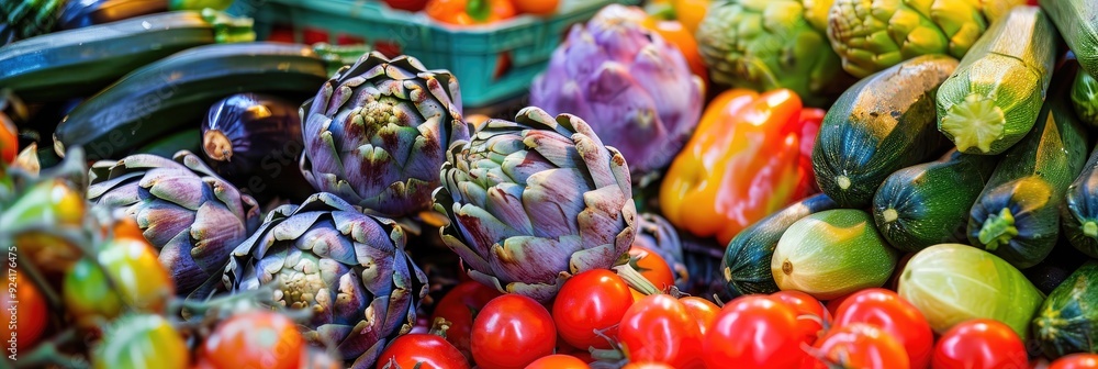 Colorful display of fresh fruits and vegetables including artichokes, zucchini, and tomatoes at an energetic market stall. Colorful display of fresh fruits and vegetables including artichokes, zucchini, and tomatoes at an energetic market stall.