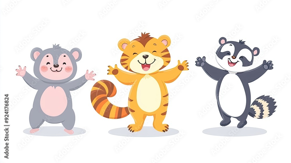 Baby bear tiger lion monkey penguin raccoon and squirrel jumping or dancing, cute animals illustration for kids. Baby bear tiger lion monkey penguin raccoon and squirrel jumping or dancing, cute animals illustration for kids.