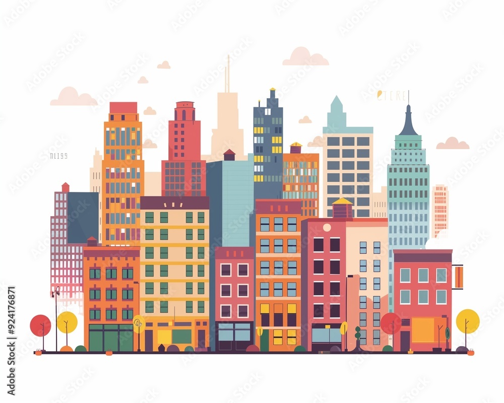Colorful Urban Cityscape Illustration with Diverse Skyscrapers and Buildings Colorful Urban Cityscape Illustration with Diverse Skyscrapers and Buildings