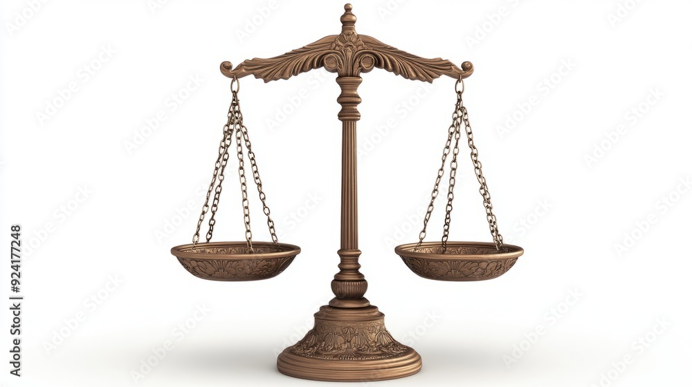 Balanced Justice: 3D Illustration of Courtroom Scales with Ornate Engravings Balanced Justice: 3D Illustration of Courtroom Scales with Ornate Engravings