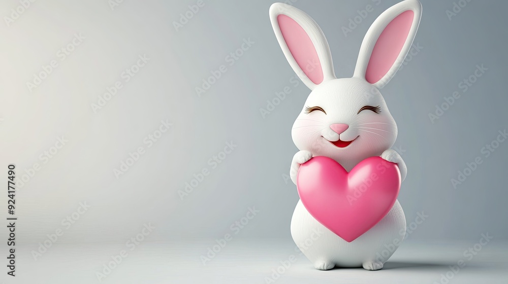 A cute white rabbit with pink ears, holding a pink heart, standing on a white background. A cute white rabbit with pink ears, holding a pink heart, standing on a white background.