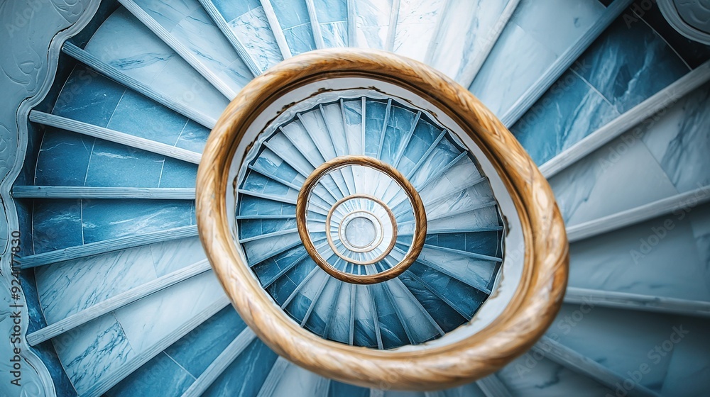 Fototapeta premium Spiral staircase with blue walls and wooden railing, captured in a close-up shot