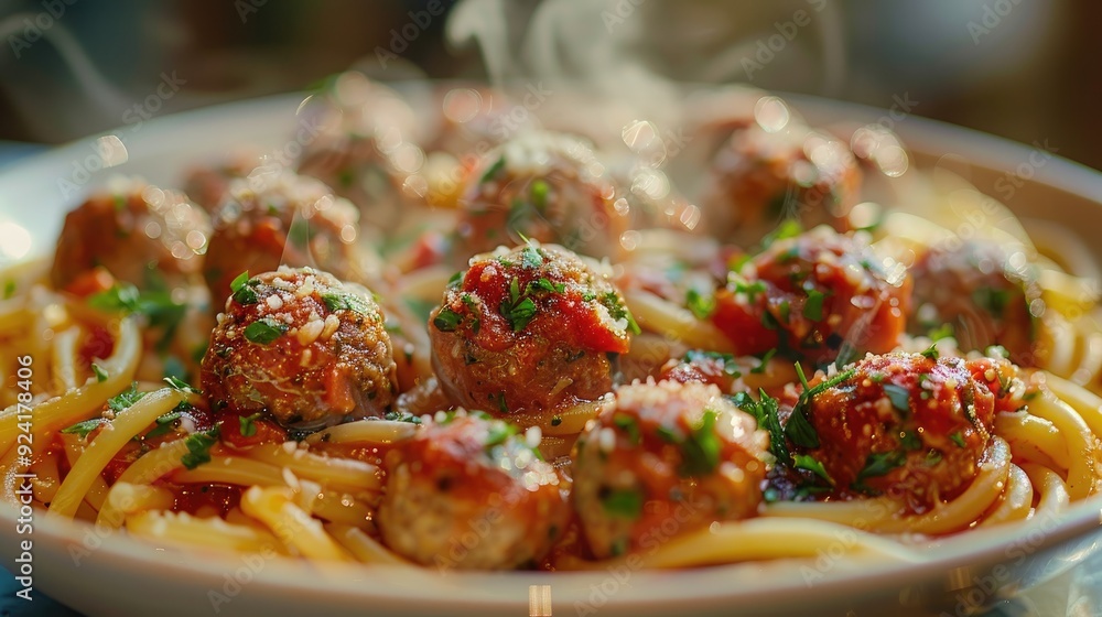 Spaghetti pasta with meatballs and tomato sauce, view with copy space. Italian Cuisine concept. Spaghetti pasta with meatballs and tomato sauce, view with copy space. Italian Cuisine concept.