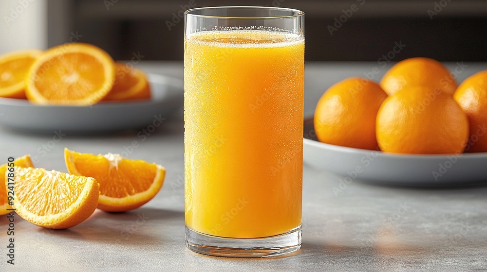 A glass of orange juice sits next to bowls of oranges on a table A glass of orange juice sits next to bowls of oranges on a table