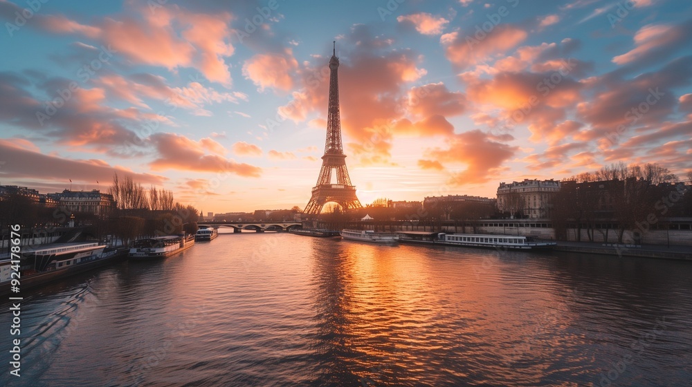 Stunning Sunrise Over the Eiffel Tower and Seine River in Paris - Majestic Cityscape Photography Stunning Sunrise Over the Eiffel Tower and Seine River in Paris - Majestic Cityscape Photography