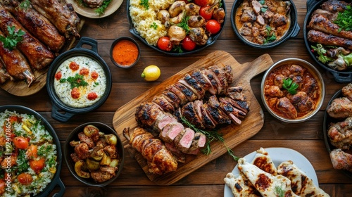 Top view of a wooden table in a restaurant, laden with chicken, meat dishes, and appetizers