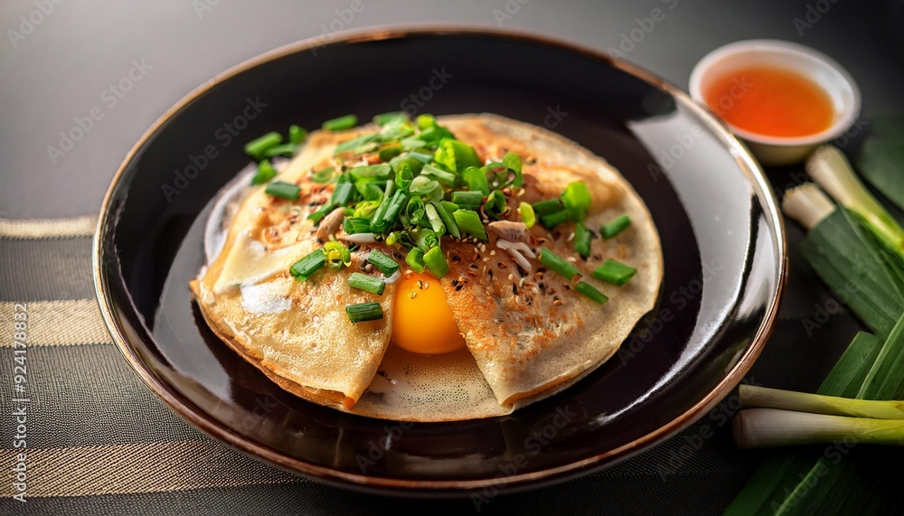 Jianbing a thin crepe with egg, spring onions and various fillings Jianbing a thin crepe with egg, spring onions and various fillings