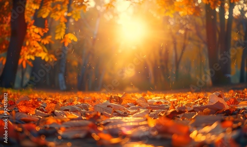 Colorful forest landscape in autumn. Sunlight shining onto brown, orange and yellow leaves in fall. Seasonal concept of a sunny day in october or november. 