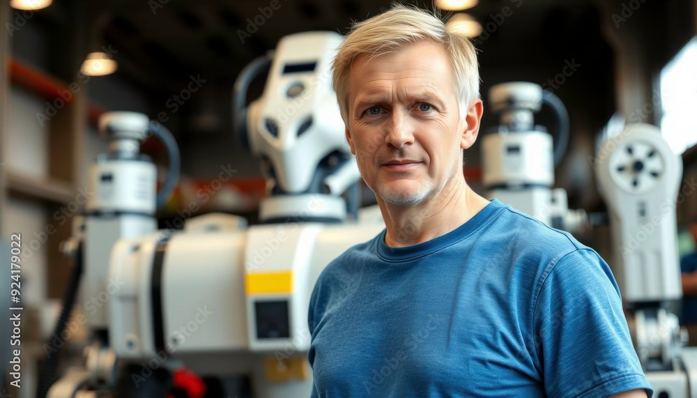 man dressed in a dark blue shirt in front of a white robot in the background man dressed in a dark blue shirt in front of a white robot in the background