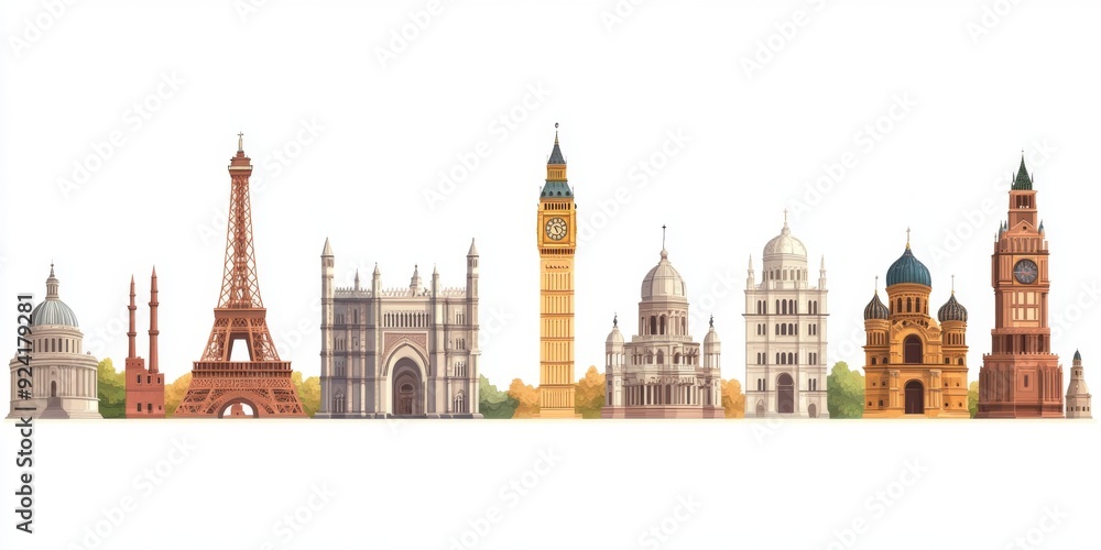 Fototapeta premium Timeless Historical Landmarks Isolated on White: A Vector Illustration of Global Heritage for Travel and Tourism Concepts.