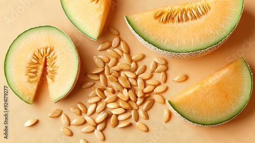   Pineapples sitting atop a table, surrounded by juicy pineapple seeds photo