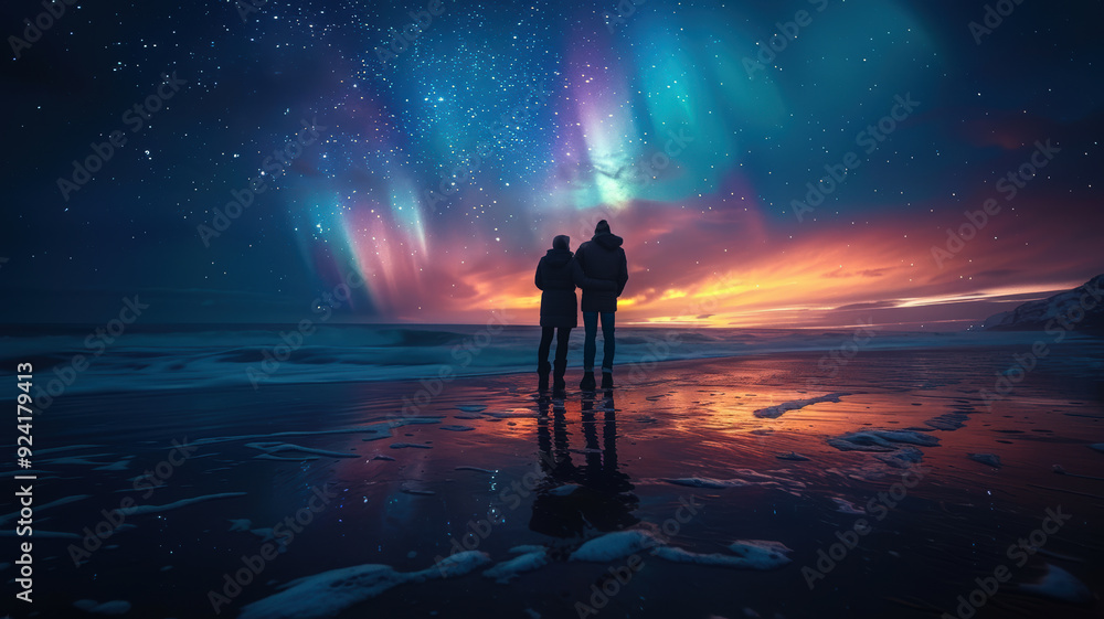 Man and woman standing on the beach. Arctic winter landscape by the sea. Northern lights, Milky Way and stars in the sky. Man and woman standing on the beach. Arctic winter landscape by the sea. Northern lights, Milky Way and stars in the sky.