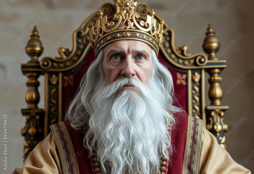 a king with his golden crown sitting on his throne looking seriously ahead. a king with his golden crown sitting on his throne looking seriously ahead.