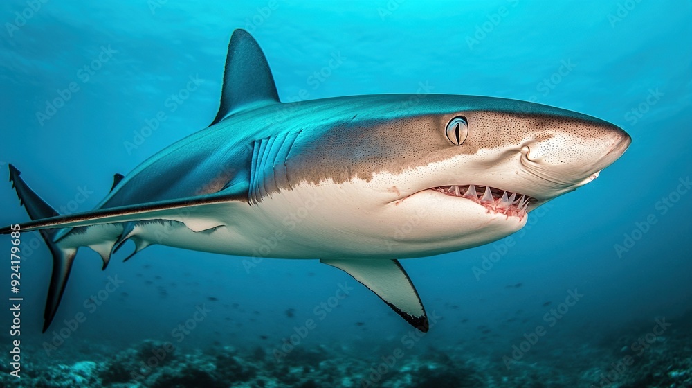 Fototapeta premium A grey reef shark with its mouth open, showing sharp teeth, swims through the clear blue water with a coral reef in the background.