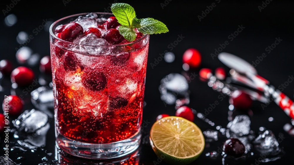 vodka, cranberry juice, soda, lime, berries, ice, bar utensils, black background, selective focus, alcoholic drink raspberry aspirations vodka, cranberry juice, soda, lime, berries, ice, bar utensils, black background, selective focus, alcoholic drink raspberry aspirations