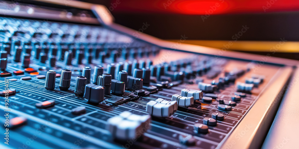 Close-up of an Audio Mixing Console with buttons and control levers Close-up of an Audio Mixing Console with buttons and control levers