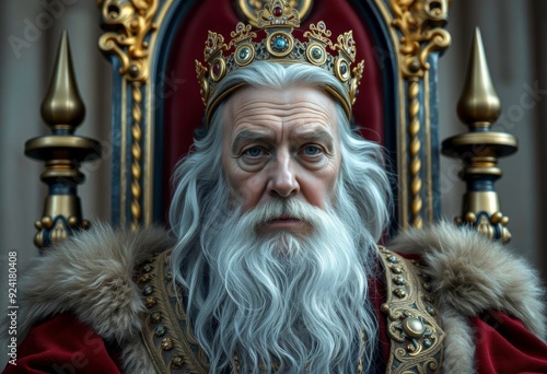 a king with his golden crown sitting on his throne looking coldly ahead.