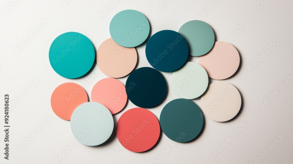 Variety of paint swatches are laying on a white surface, inspiring creativity for a home decor project or graphic design Variety of paint swatches are laying on a white surface, inspiring creativity for a home decor project or graphic design
