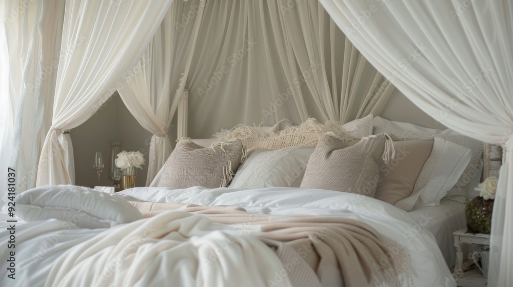 A romantic bedroom with a dreamy white canopy bed dressed in layers of soft flowing throws for a touch of romantic luxury. A romantic bedroom with a dreamy white canopy bed dressed in layers of soft flowing throws for a touch of romantic luxury.