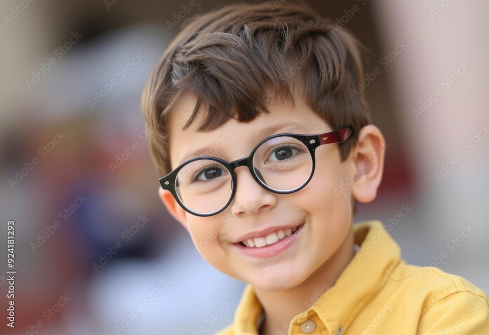child wearing glasses and wearing a yellow shirt, looking at the camera. child wearing glasses and wearing a yellow shirt, looking at the camera.
